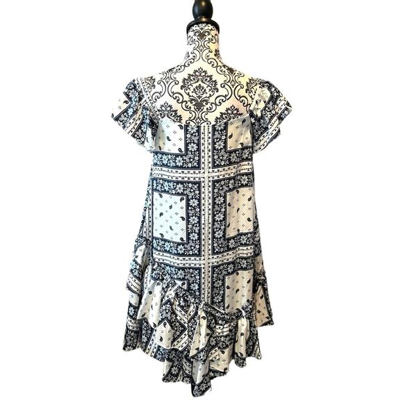 Cinq a Sept NWT Minella OTS Paisley Mini Ruffle Party Dress size 4 Navy Ivory - Picture 4 of 14